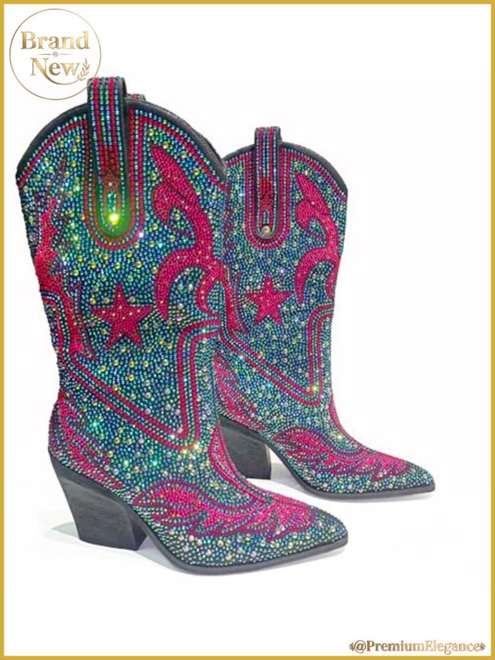 Sparkly Rhinestone Cowboy Boots for Women Mid Calf Western Pull On Tabs Heel
